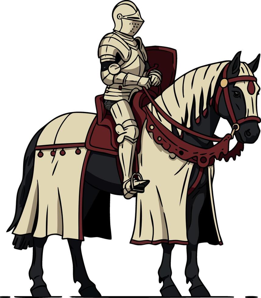 Medieval knight in full armor mounted on decorated war horse illustration for historical warrior design vector
