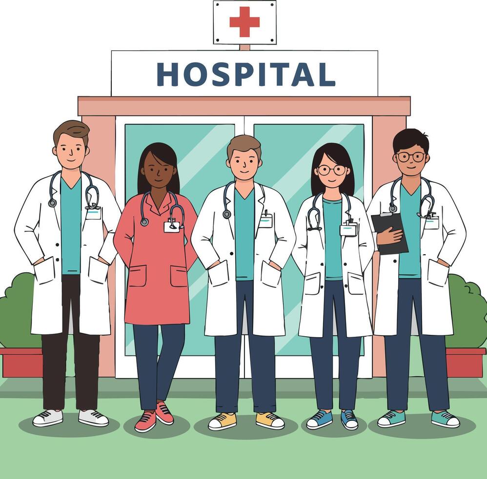 Diverse medical team standing in front of hospital building with red cross sign and professional attire for healthcare environment vector