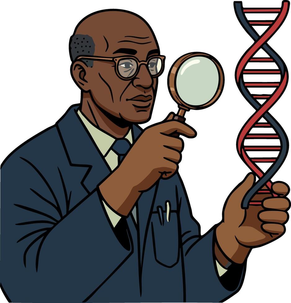 Scientist examining DNA strand with magnifying glass for genetic research and scientific discovery illustration vector