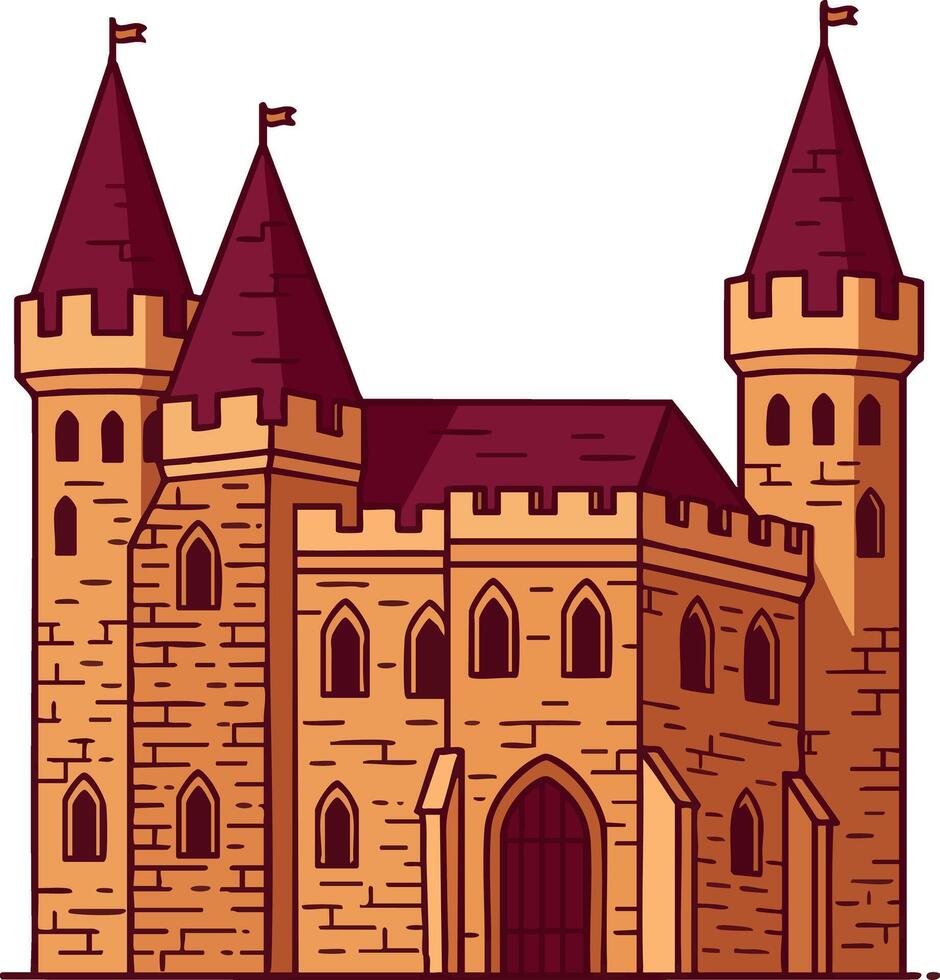 Medieval castle with three towers and flags in style detailed historic fortress architecture illustration vector