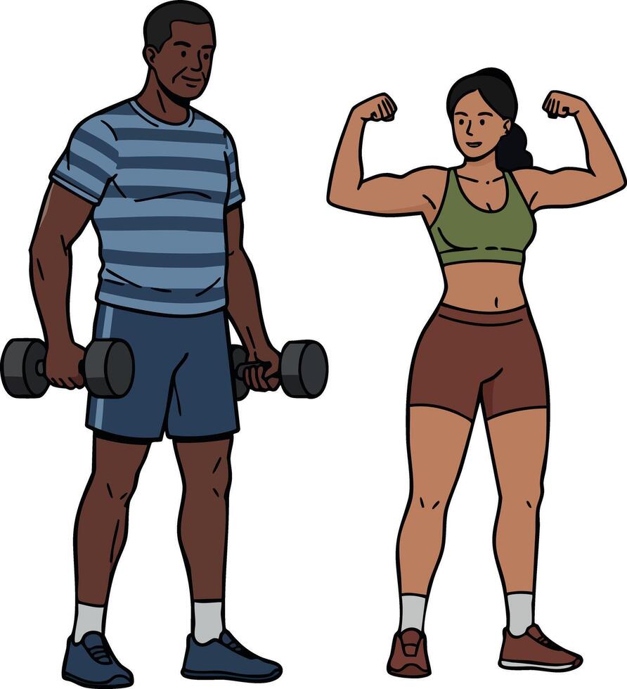 Fitness couple working out with dumbbells showing strength and muscle in sportswear illustration vector
