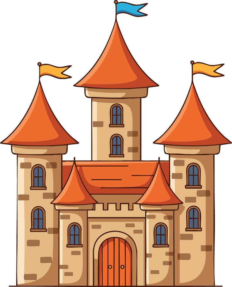 Medieval castle with red roofs and flags illustration of historic fortress architecture building design vector
