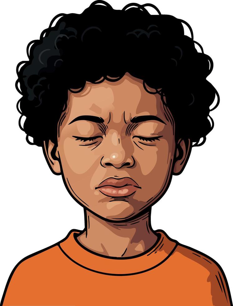 Boy with curly hair wearing orange shirt showing eyes closed and displeased facial expression illustration vector