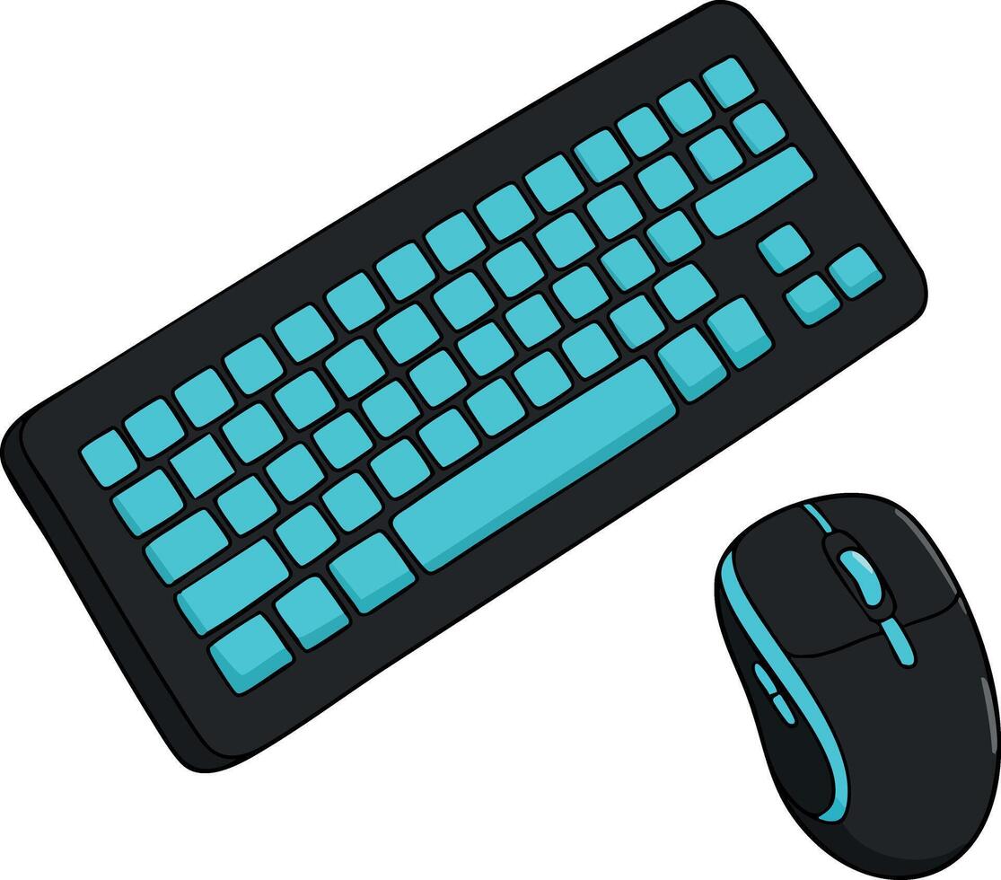 Computer keyboard and mouse set with blue keys and black body modern office accessories illustration vector