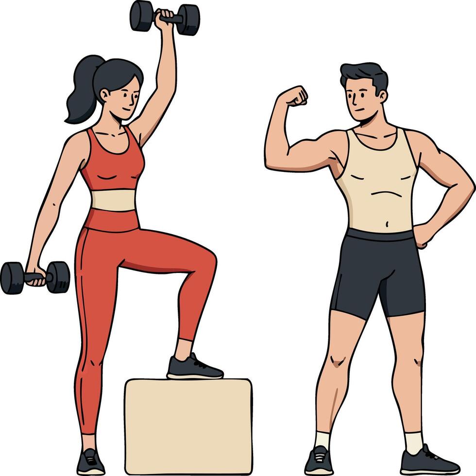 Fitness couple exercising with dumbbells woman in red activewear and man flexing muscles illustration vector