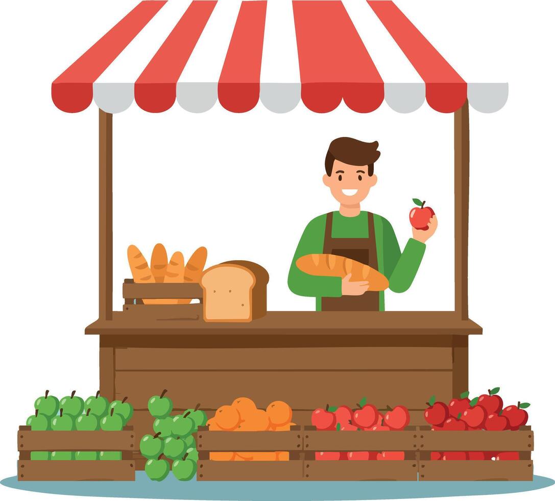 Farmer market stall selling fresh bread and fruits with smiling vendor holding apple illustration vector