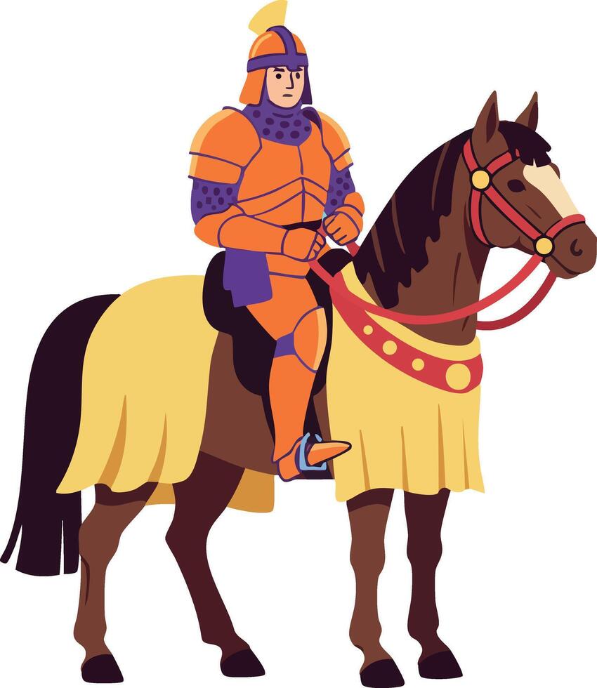 Knight in orange armor riding brown horse with yellow saddle and red bridle illustration vector