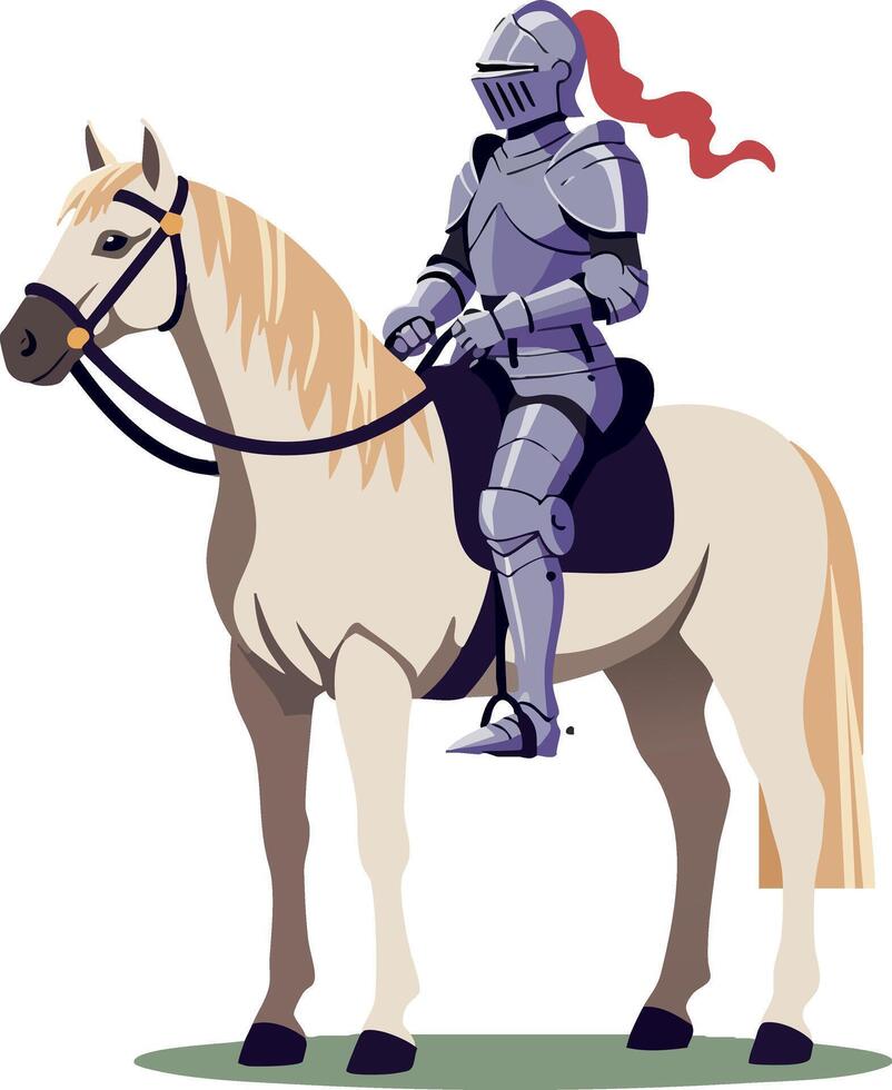 Medieval knight wearing full armor riding horse with red plume helmet plume illustration design vector