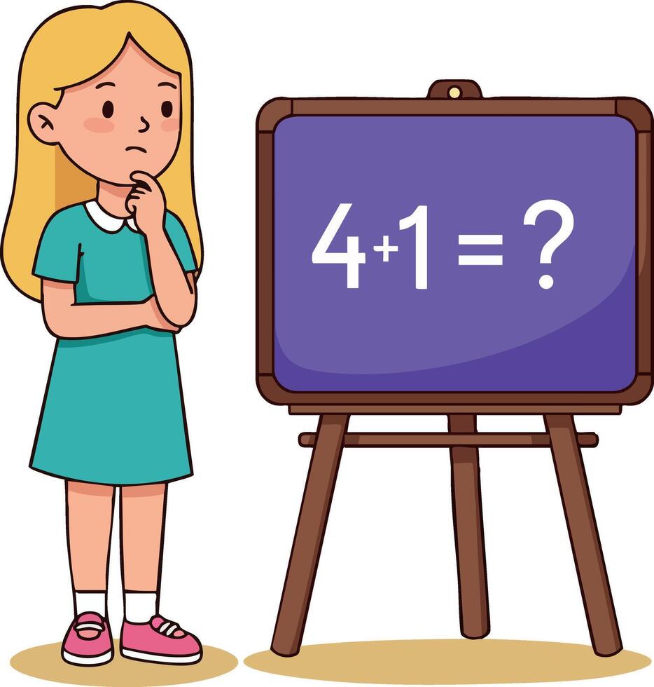 Girl thinking about math problem 4 plus 1 on purple chalkboard educational concept illustration vector