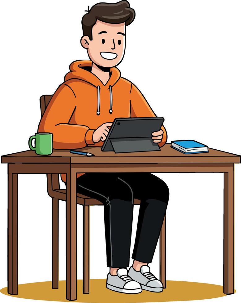 Young man using tablet sitting at wooden desk with coffee cup and book in casual orange hoodie working or studying indoors vector