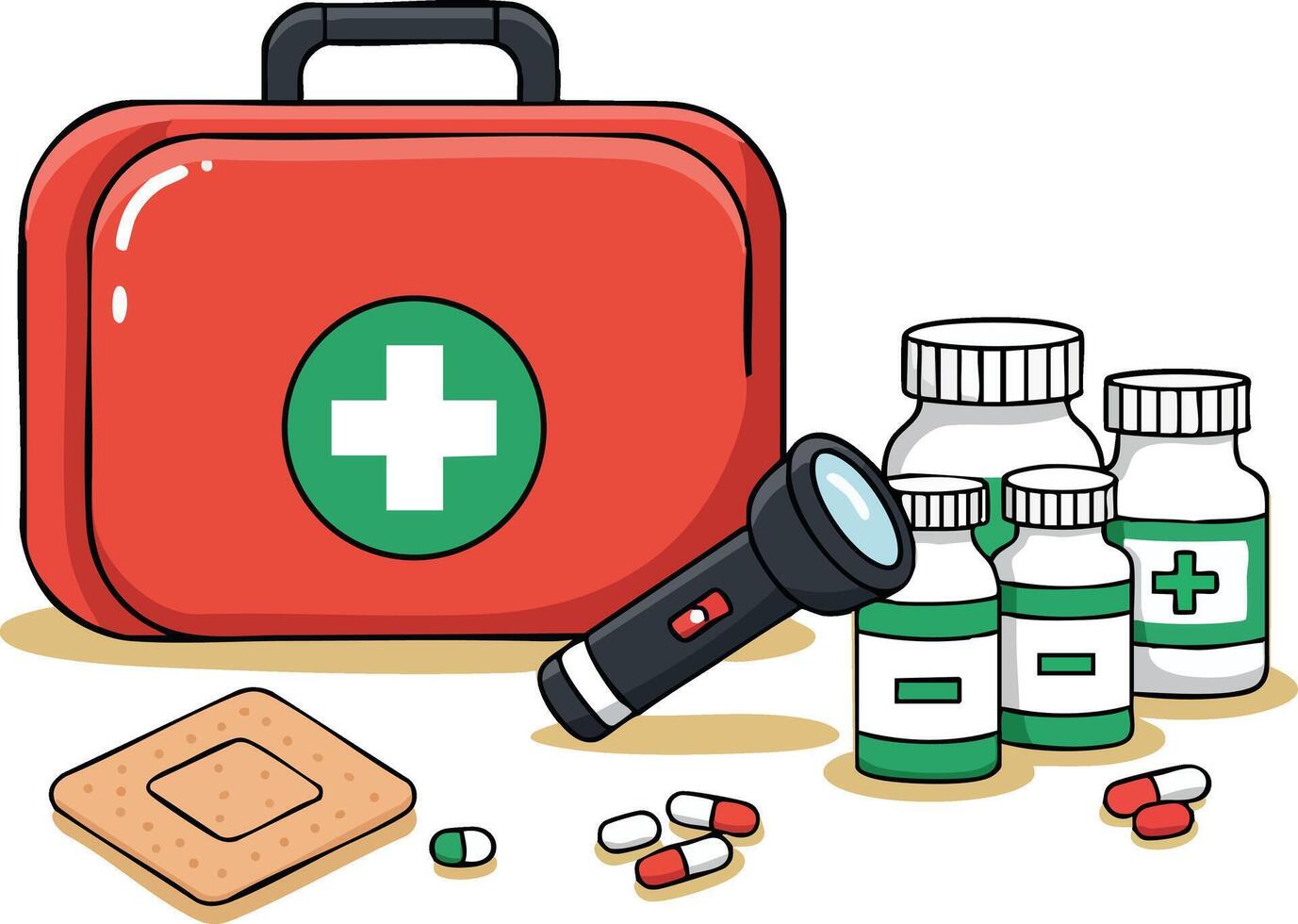 Medical first aid kit with pills bottles flashlight and bandage illustration for healthcare and emergency preparedness vector