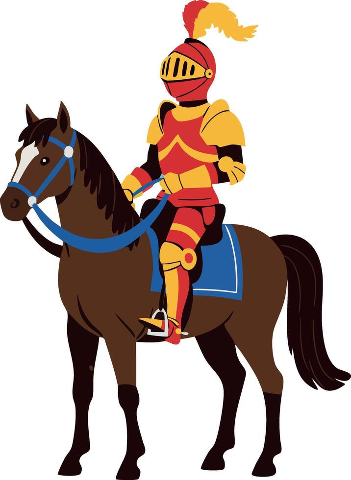 Medieval knight in red and yellow armor riding brown horse with blue saddle illustration vector
