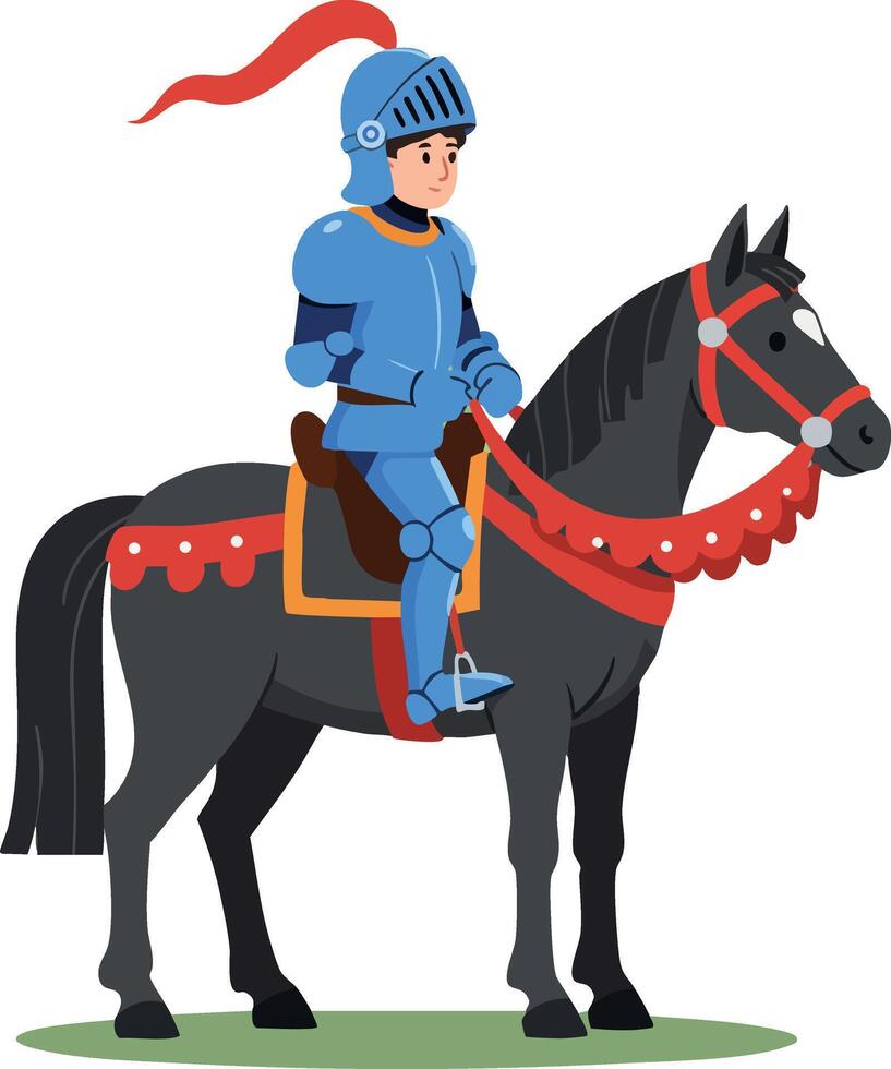 Knight in blue armor riding black horse with red harness and plume illustration vector