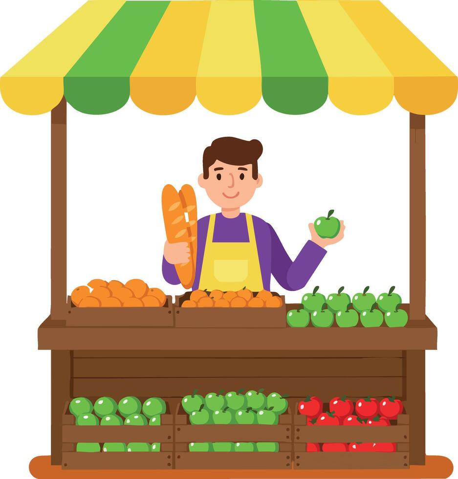 Fruit and vegetable market stall with vendor holding bread and apple fresh produce sales illustration vector
