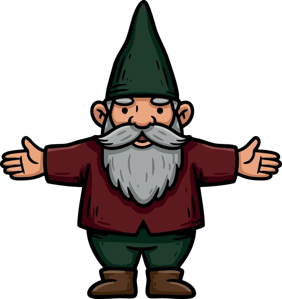 Garden gnome with green hat and red shirt welcoming with open arms illustration vector