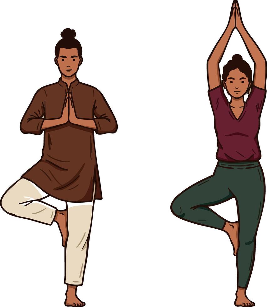 Two people practicing yoga tree pose standing balanced with hands together in calm and focused meditative exercise vector