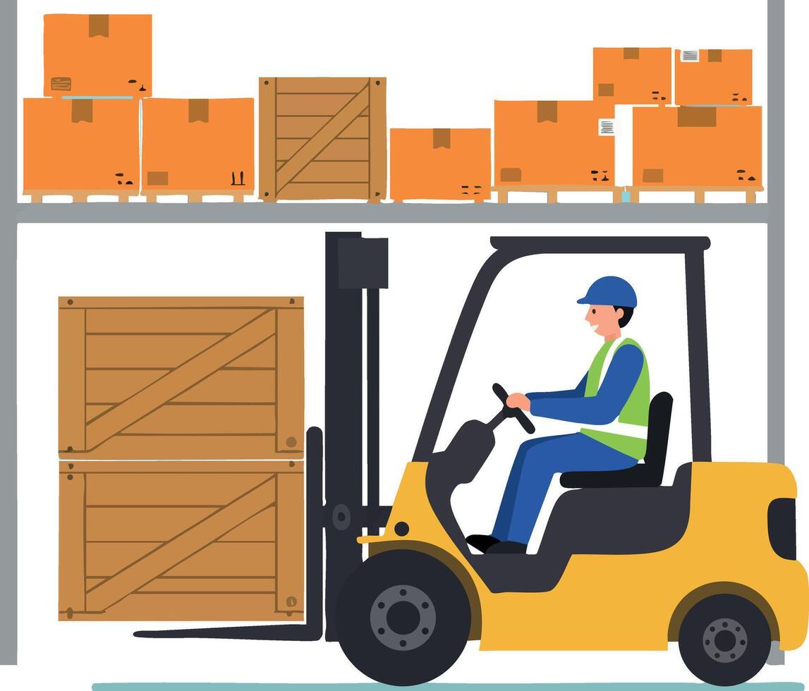 Forklift operator moving wooden crates in warehouse storage area with stacked cardboard boxes and safety gear vector