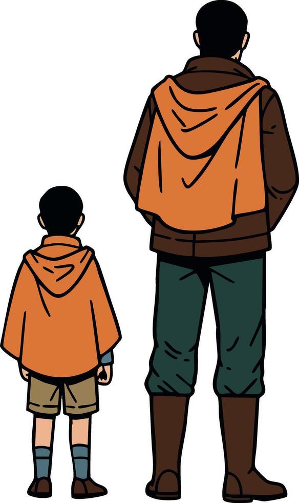 Two people standing back view with orange hoodies and casual clothing illustration vector