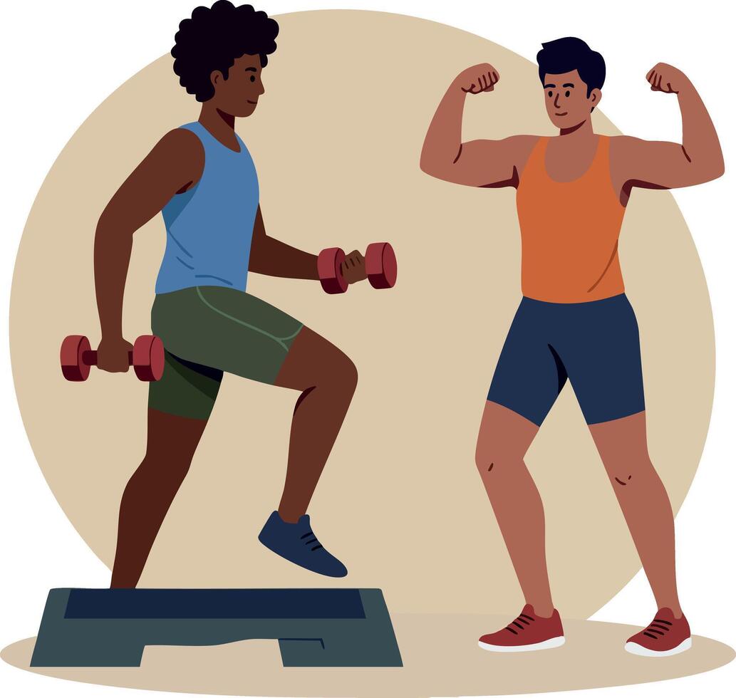 Two men exercising with dumbbells and step platform fitness workout training strength and muscle building illustration vector