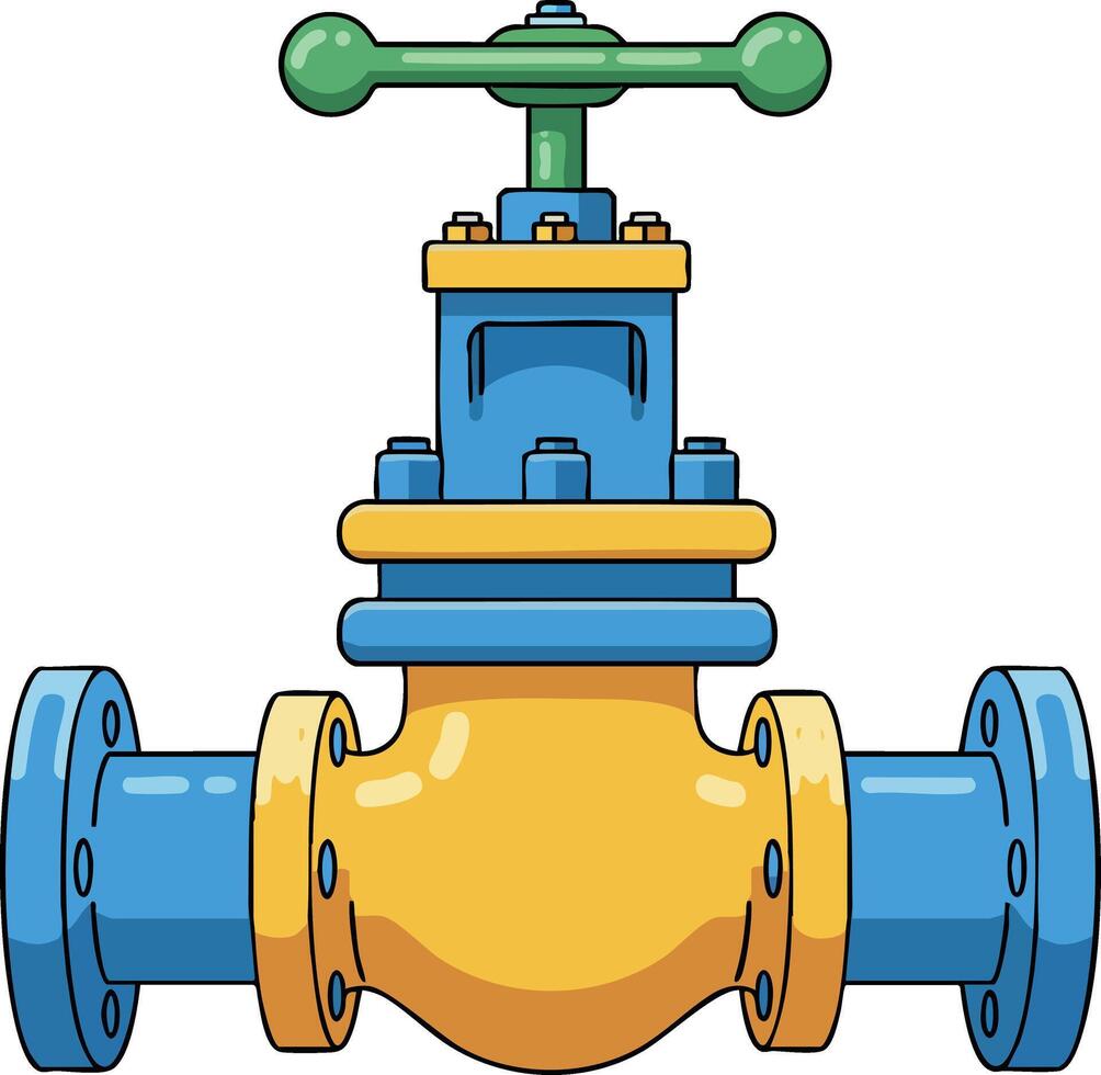 Industrial metal valve with green handle and blue yellow pipes illustration for technology and industry use vector