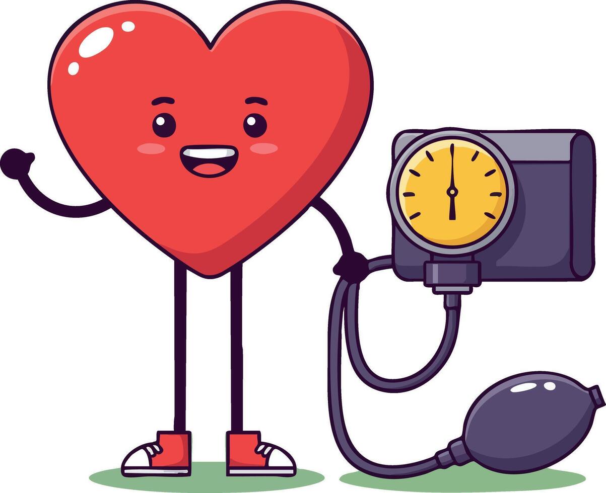 Heart character measuring blood pressure with sphygmomanometer medical illustration in red and purple tones vector