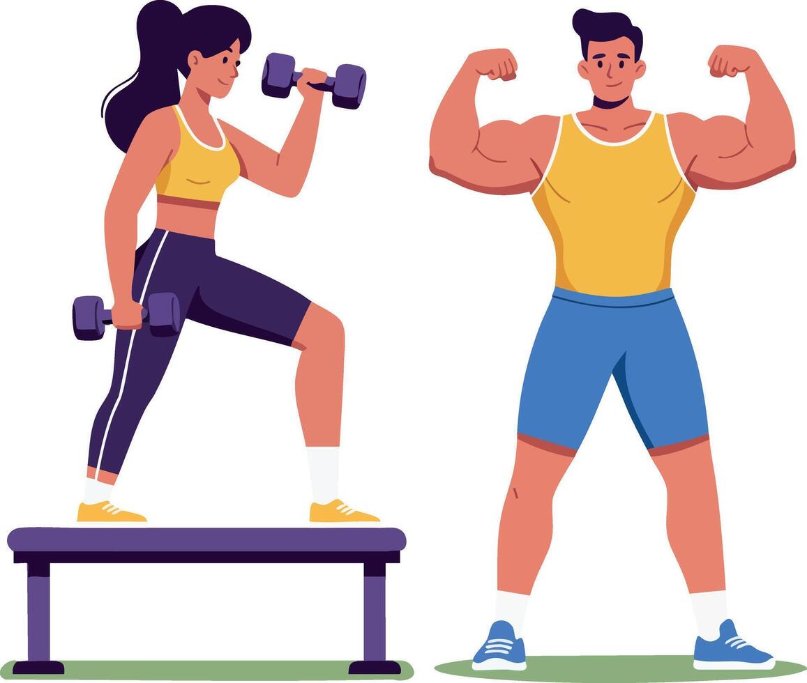 Fitness couple working out with dumbbells and bench for muscle building and strength training illustration vector