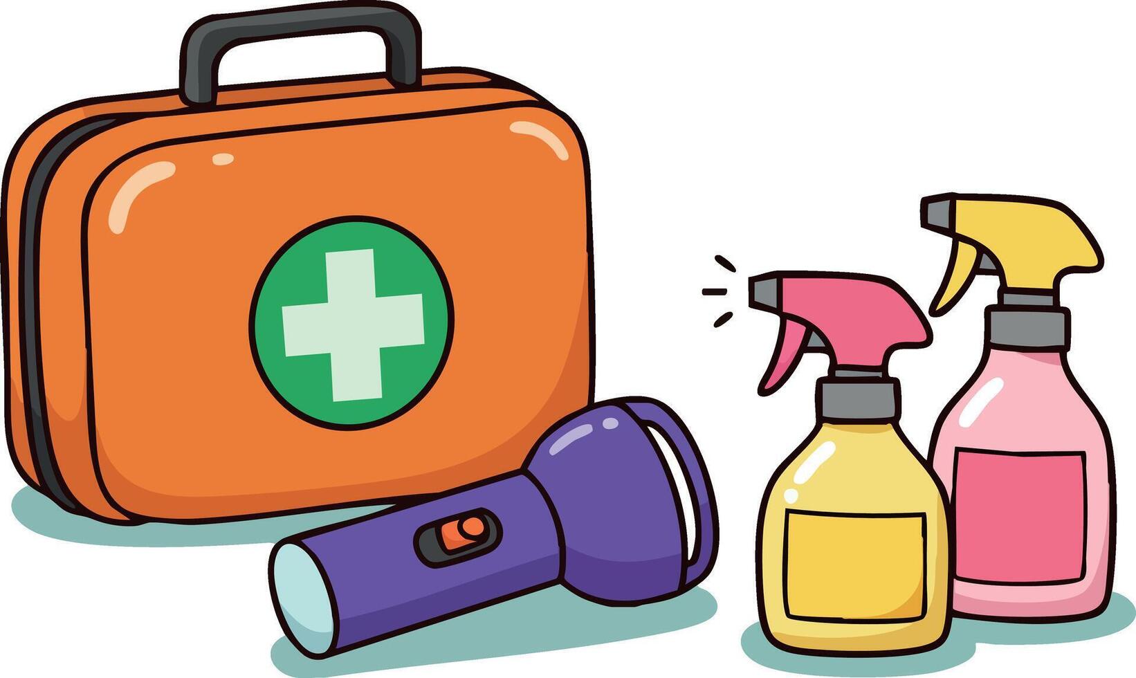 First aid kit with flashlight and cleaning spray bottles for emergency preparedness and home safety essentials illustration vector