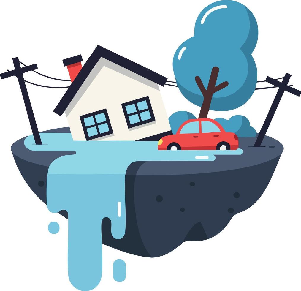 Floating island with house tree red car and waterfall in style for nature and landscape concept vector