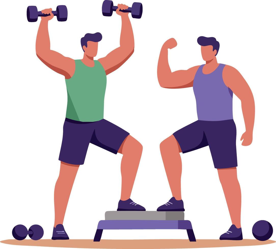 Two men doing weight training exercises with dumbbells and step platform for fitness and muscle building vector