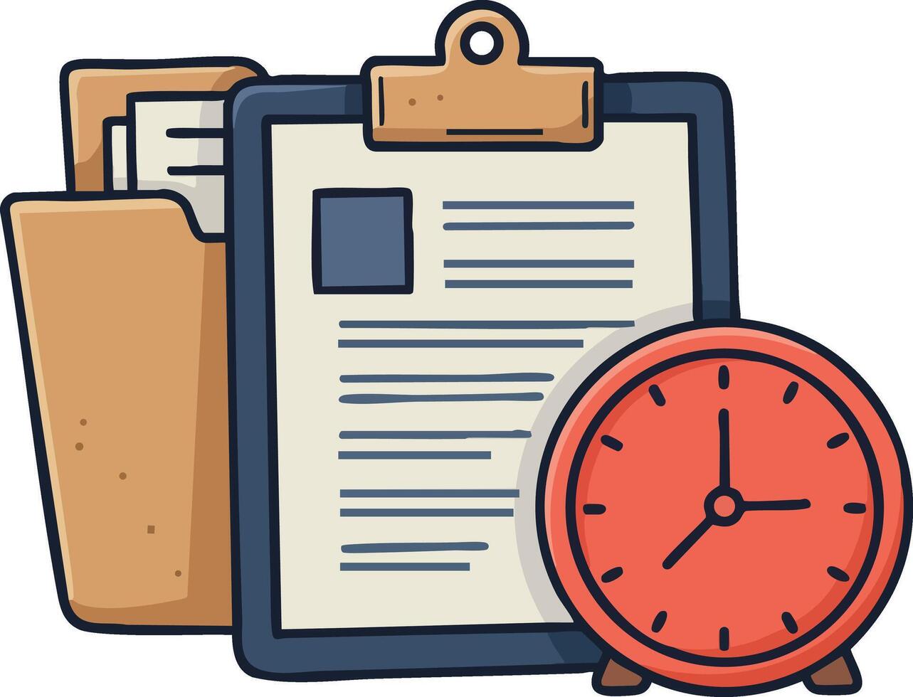 Clipboard with documents and red clock icon for time management and organization illustration vector