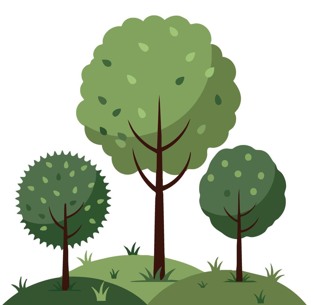 Three green trees on grassy hill illustration with nature and environment theme in flat style vector