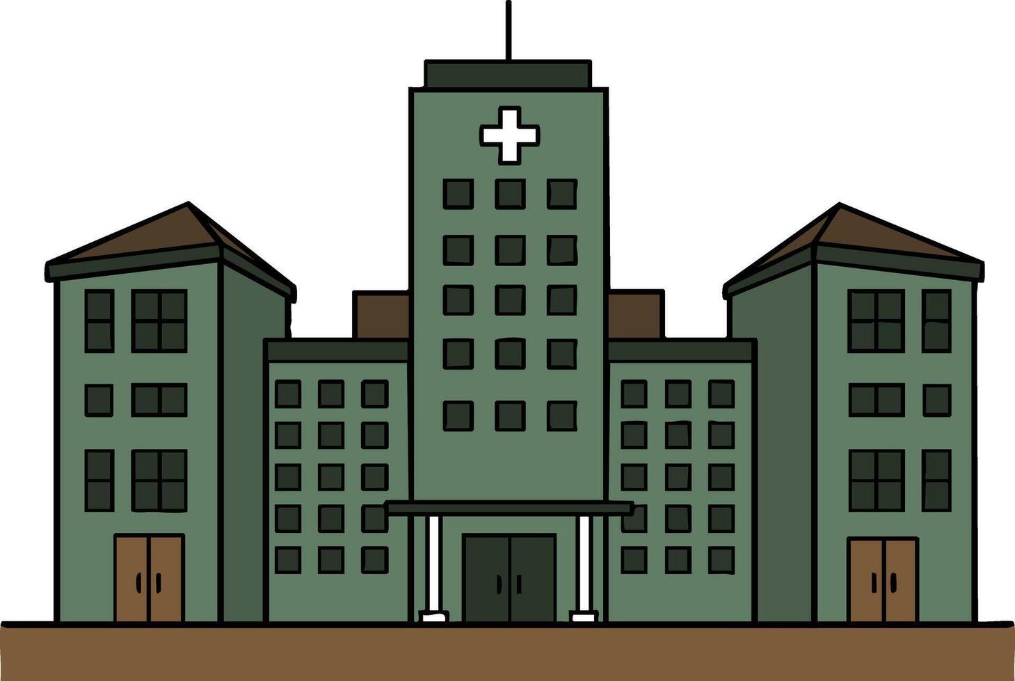 Hospital building with green facade and medical cross symbol illustration in simple style vector