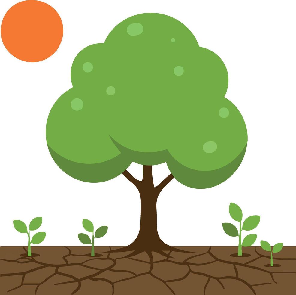 Tree with green leaves growing on cracked dry soil under orange sun environmental drought concept illustration vector