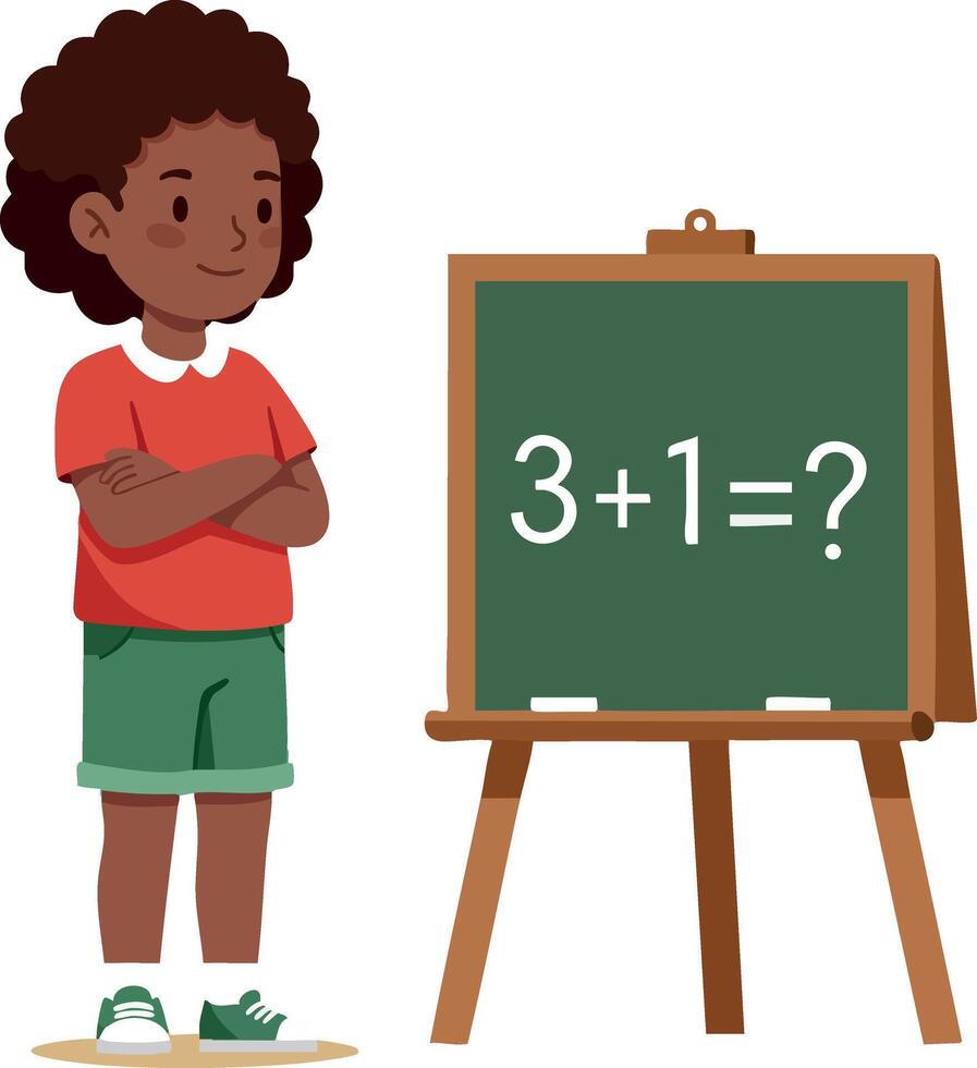 Boy standing with arms crossed next to green chalkboard showing simple math addition problem learning concept illustration vector