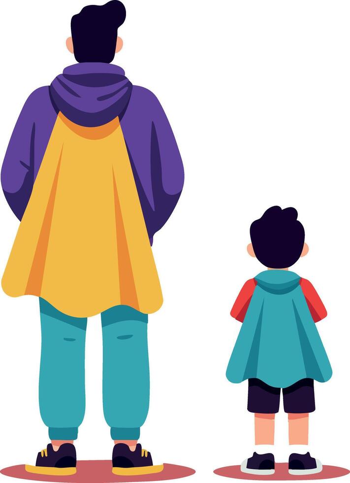 Father and son standing with colorful superhero capes looking forward together family bonding illustration vector