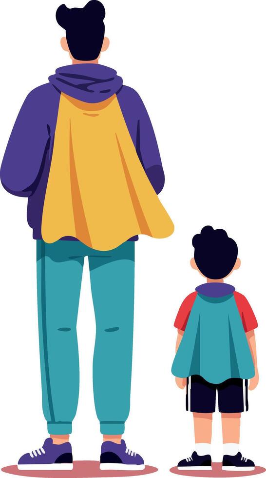 Adult and child wearing colorful capes standing side by side looking forward in casual clothing illustration vector