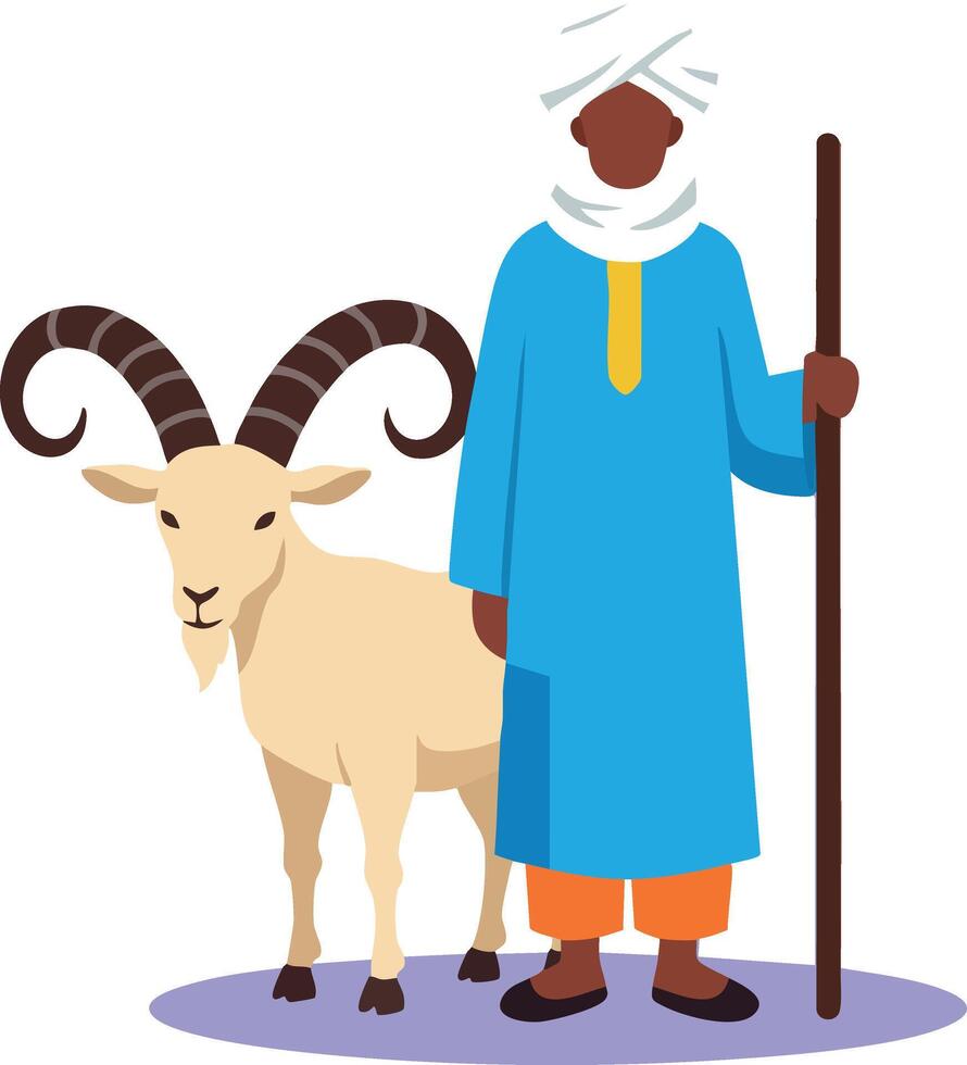 African man in traditional clothing standing with goat holding wooden staff illustration vector