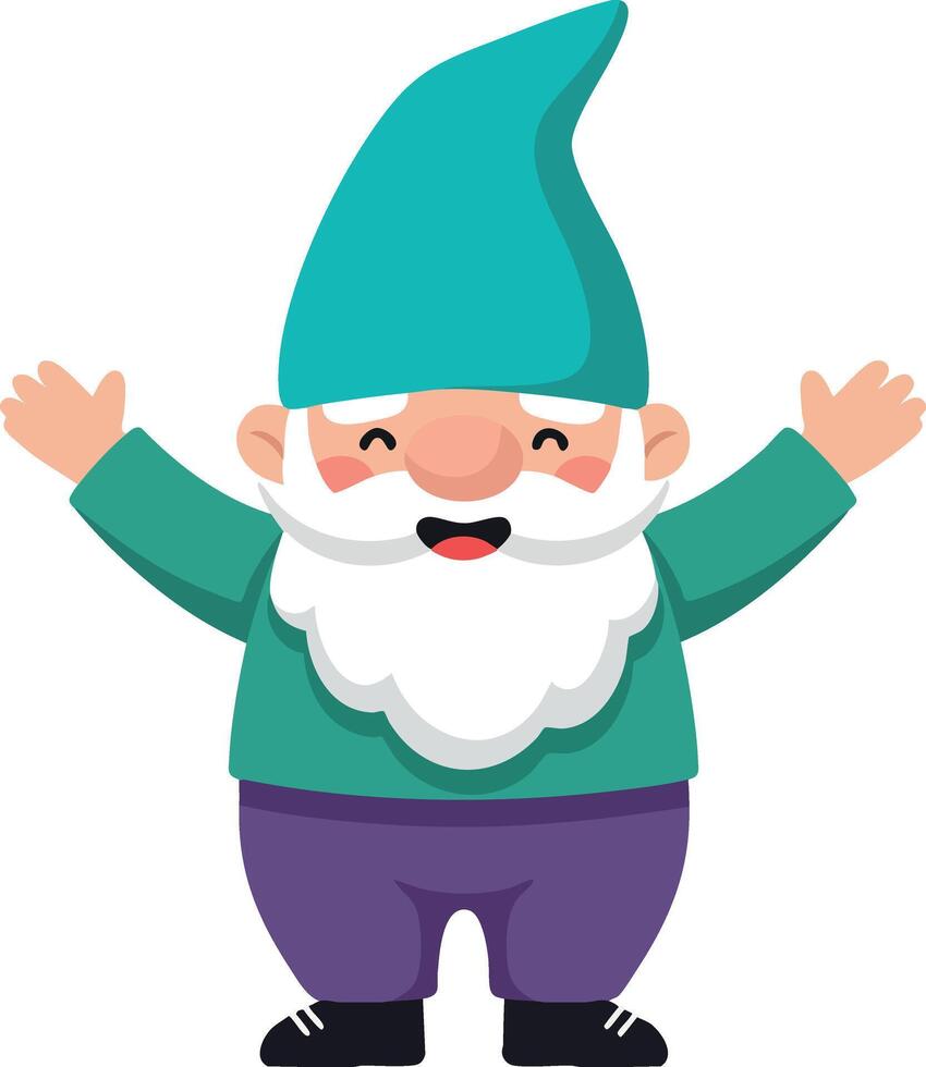 Cute happy garden gnome with blue hat and white beard smiling with open arms cartoon illustration vector
