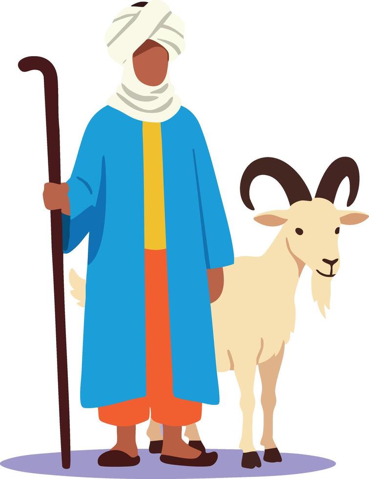 Shepherd standing with goat holding wooden staff in traditional clothing rural scene illustration vector