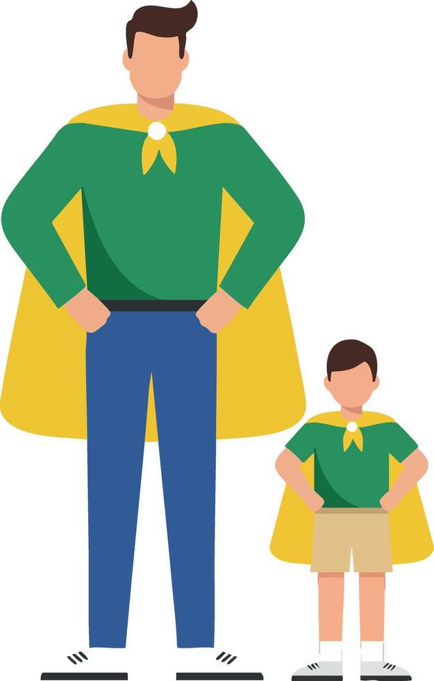 Father and son superheroes standing confidently wearing green shirts and yellow capes illustration for family bonding and empowerment vector