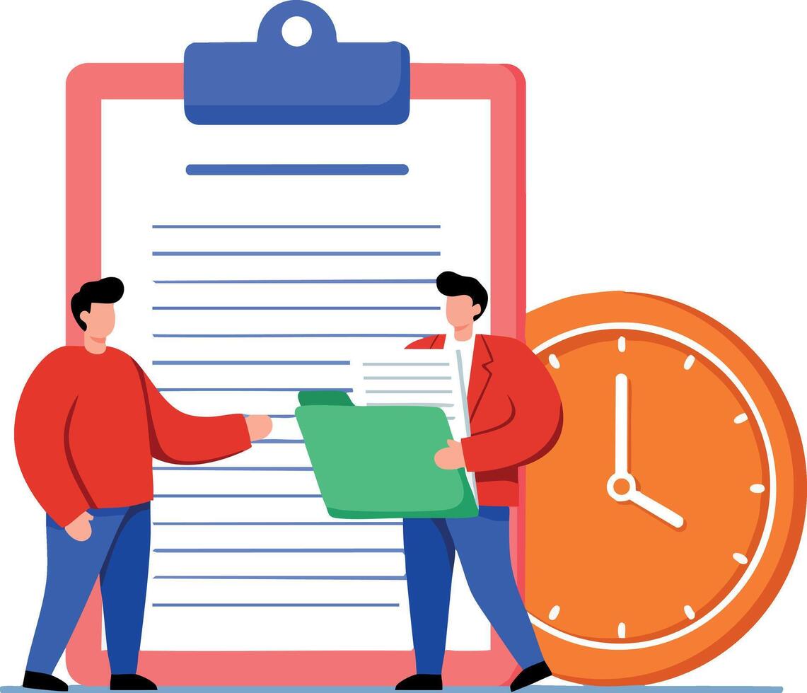 Two business men discussing documents with large clipboard and orange clock time management concept illustration vector