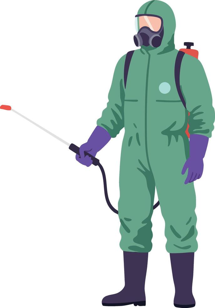 Person wearing protective hazmat suit spraying disinfectant for contamination control in safety gear illustration vector