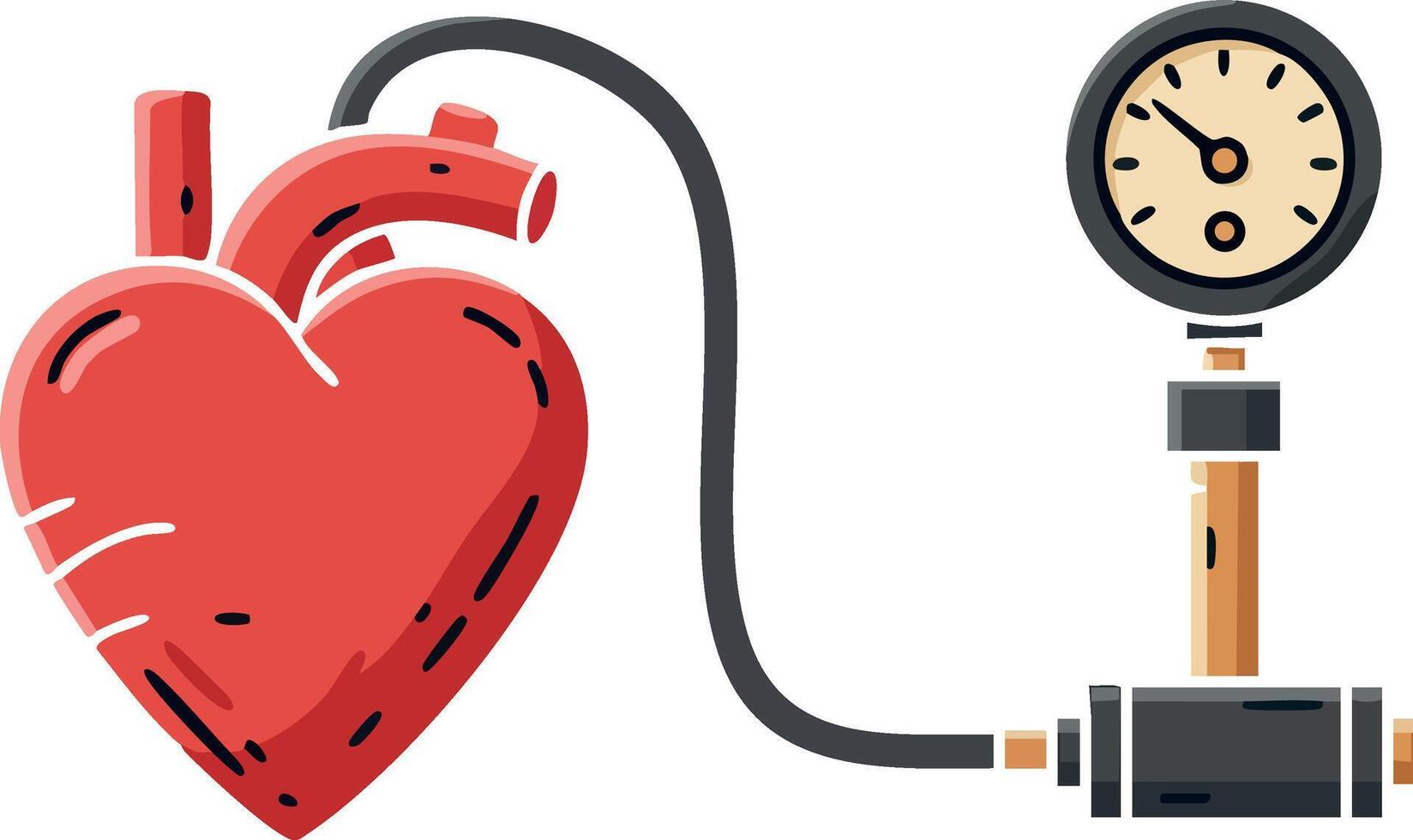 Red heart connected to blood pressure gauge measuring cardiovascular health illustration vector