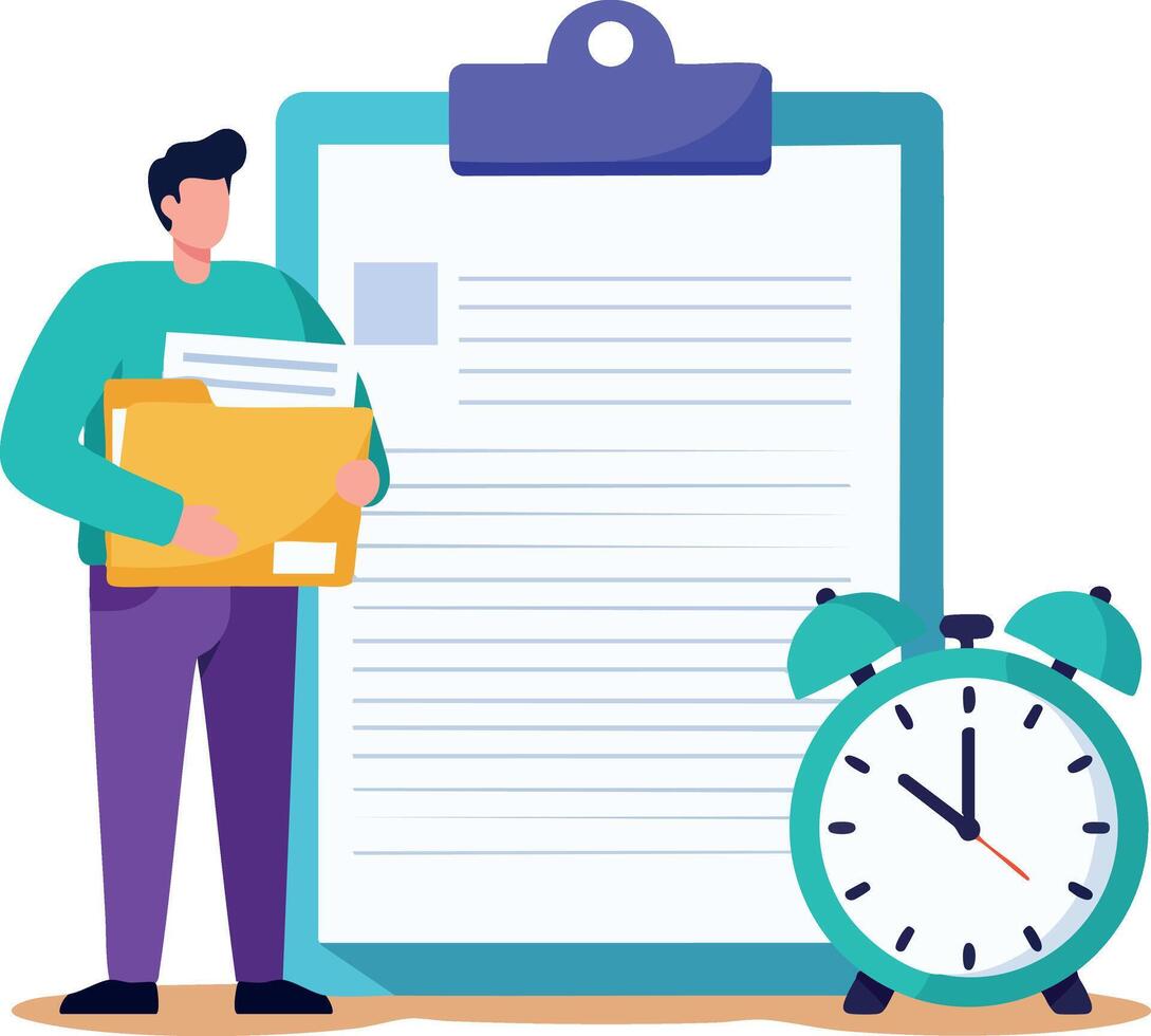Man holding folders with clipboard and alarm clock for time management and organization illustration design vector
