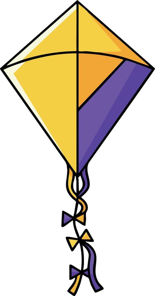 Yellow and purple kite with tail ribbons simple graphic design illustration for leisure and outdoor activity use vector