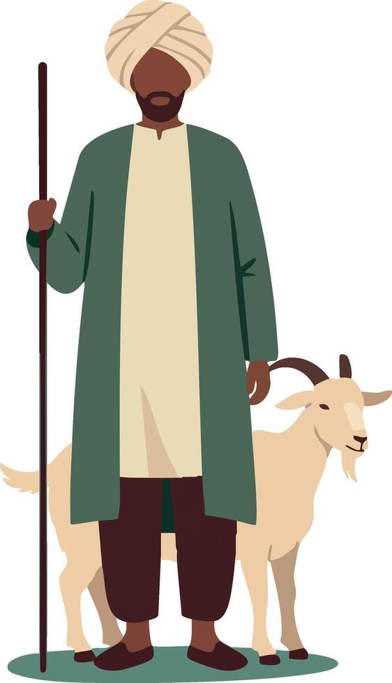 Shepherd man with staff and goat standing beside in traditional clothing rural lifestyle illustration vector