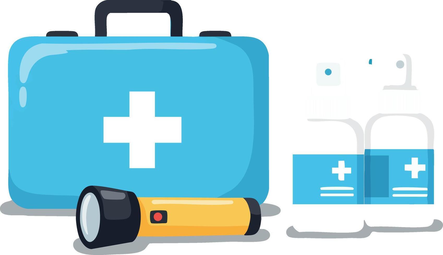 First aid kit with flashlight and medicine bottles emergency preparedness essentials illustration vector