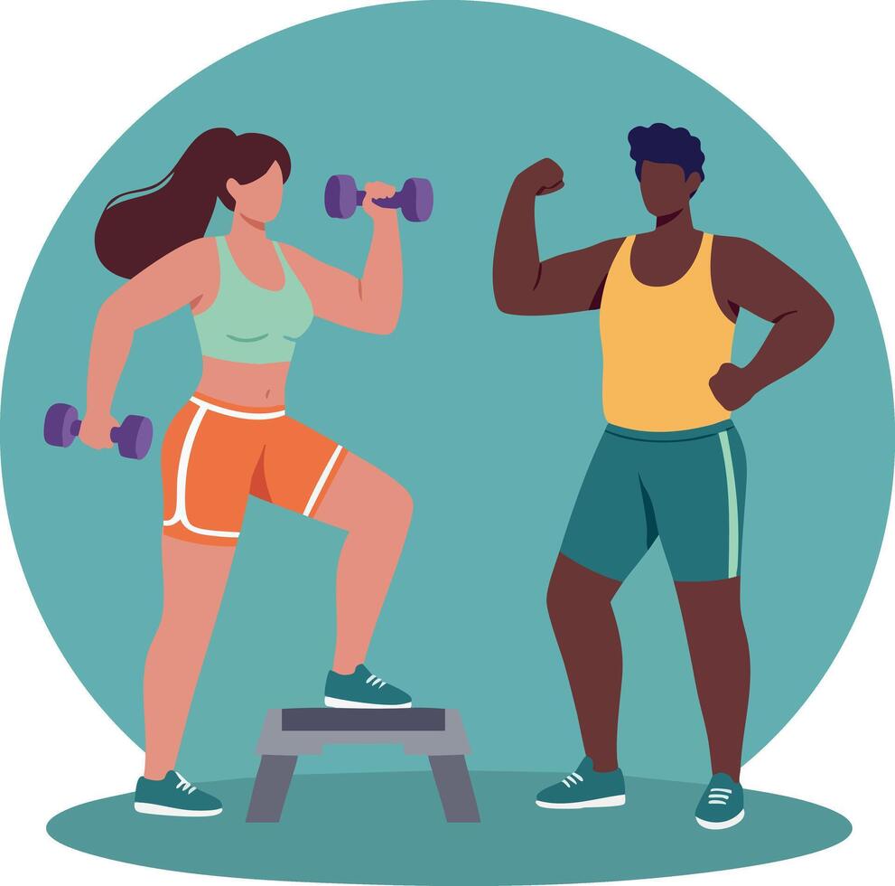 Fitness workout training with woman lifting dumbbells and man flexing muscles for healthy lifestyle motivation illustration vector
