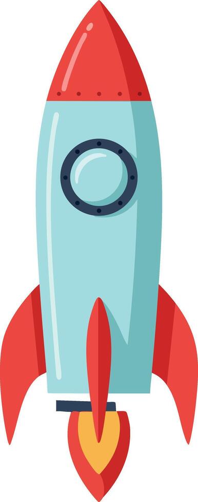 Rocket ship illustration with red fins and nose cone blasting off in space travel concept design vector