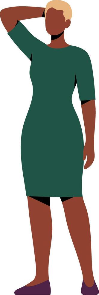 Woman standing in green dress with short blonde hair casual pose illustration vector
